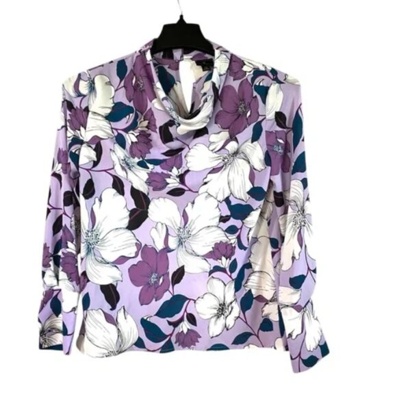 Worthington Blouse Womens X Small Purple Floral Long Sleeve Cowl Artsy Shirt Top - Picture 1 of 16